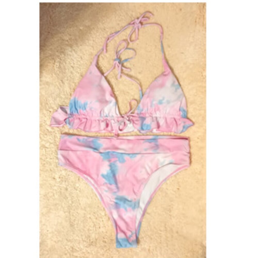 NWOT~ SHEIN White, Pink & Blue Tie Dye Print Halter Tie Bikini Set (Size: Large)